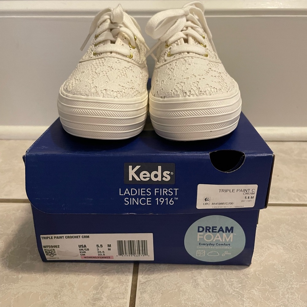 Keds Triple Cream Painted Crochet Platform Sneakers